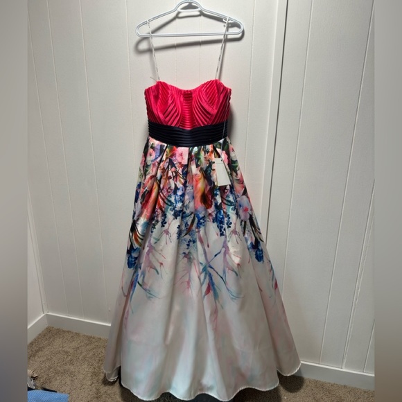 Prom-Bridesmaid-Formal Gown Size 14 Paris Mon Cheri brand Pink Floral Strapless - Picture 2 of 10